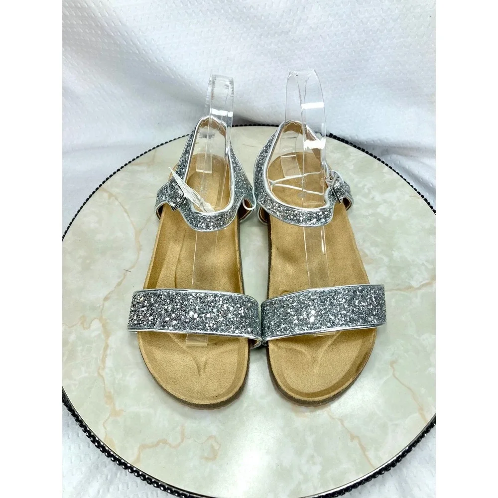 Crewcuts Glitter Two Strap Buckle Sandals Kids 5 Silver Sparkle Comfy Shoes NEW